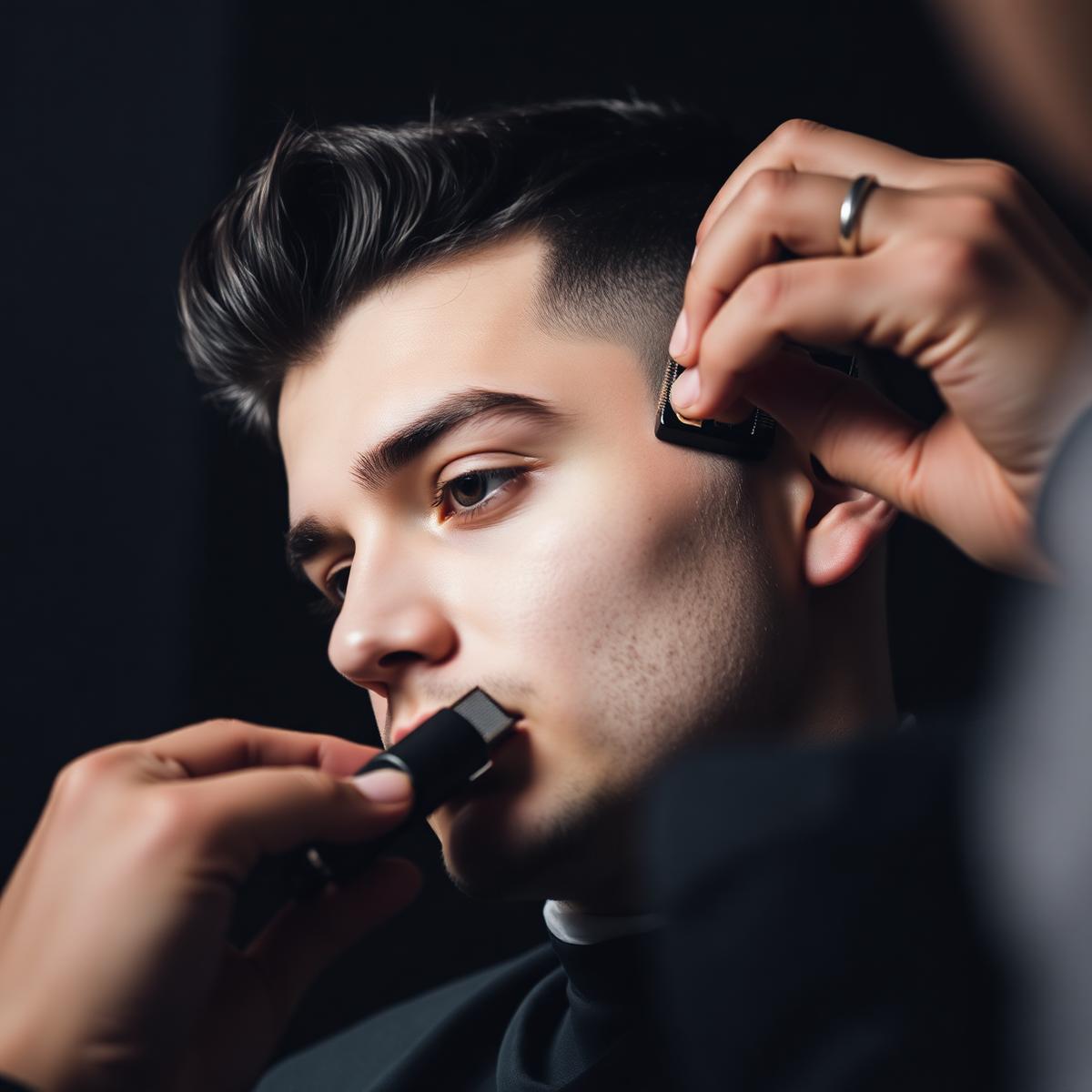 Barber blending a skin fade with clippers
