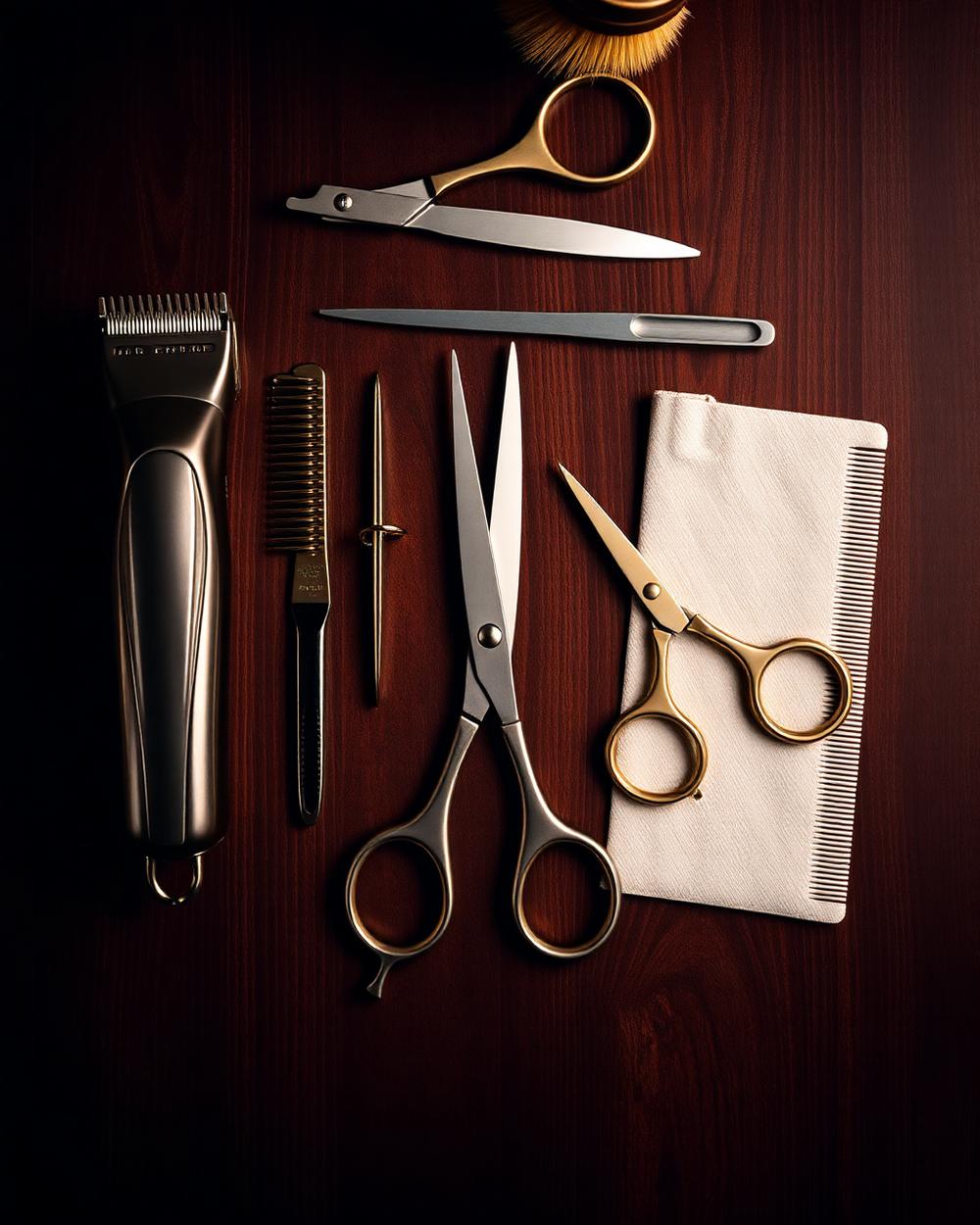 Barber tools laid out on a walnut counter
