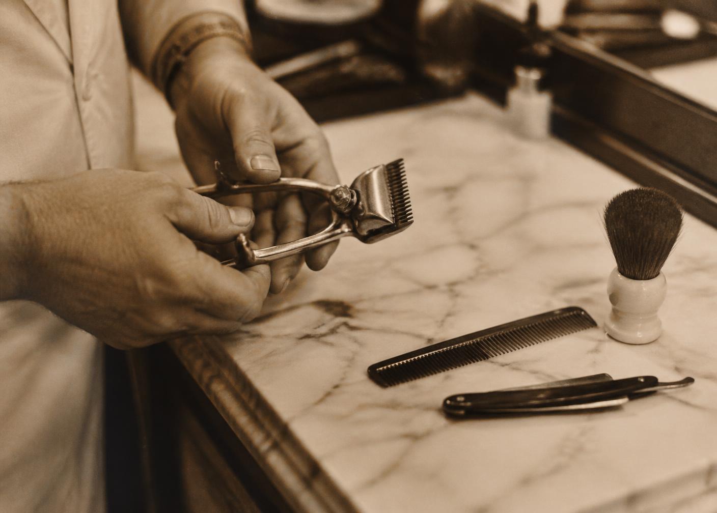 Vintage barber tools on a marble counter